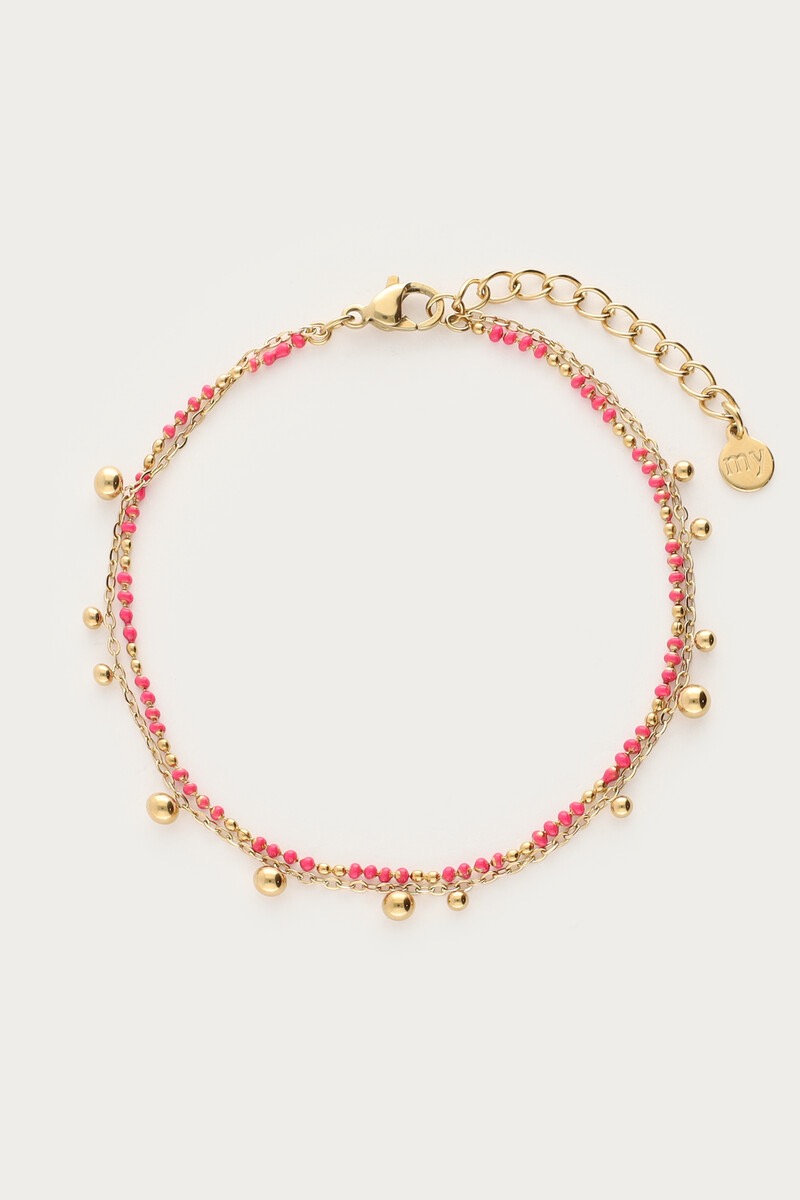 my jewellery Dubbele armband met roze kralen & bolletjes goud