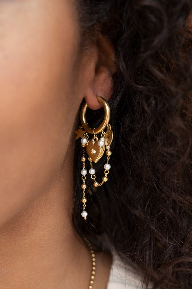 My jewellery Oorringen met hart & imitatieparel koordjes goud