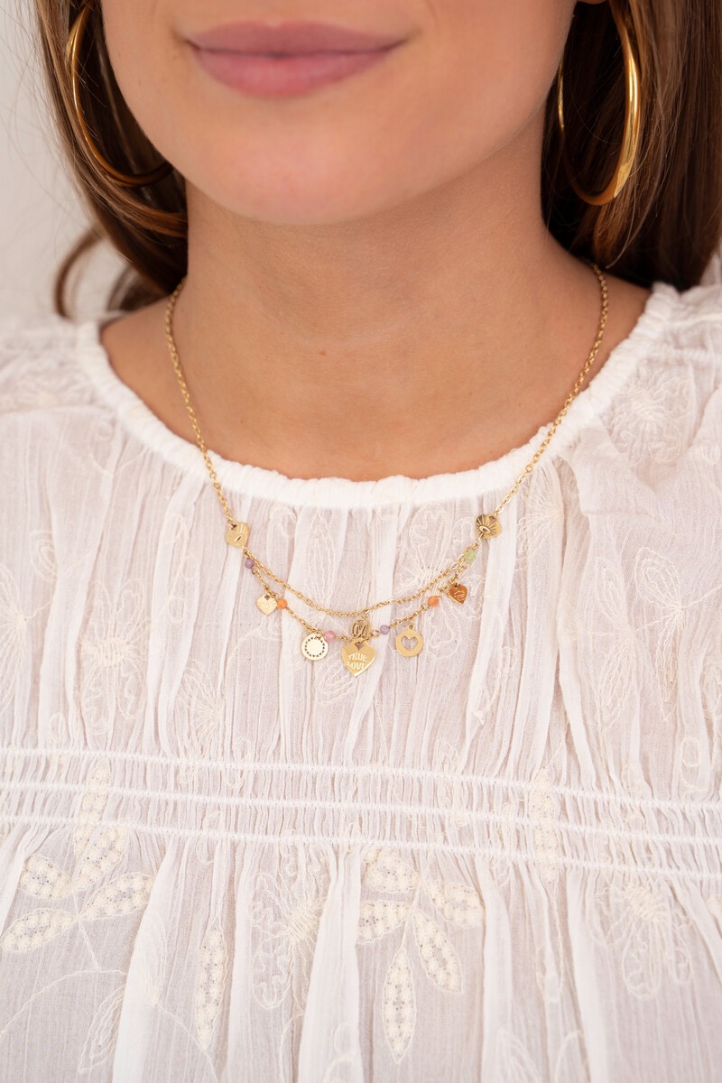 My jewellery Ketting bedels met hartjes & pastel kralen goud