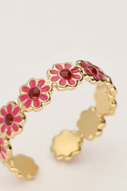 My jewellery verstelbare ring Vintage met roze & rode bloemetjes goud