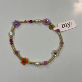 My jewellery armband gekleurde kralen en bloemen goud