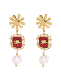rose en camellia oorbellen hanger rood wit met parel