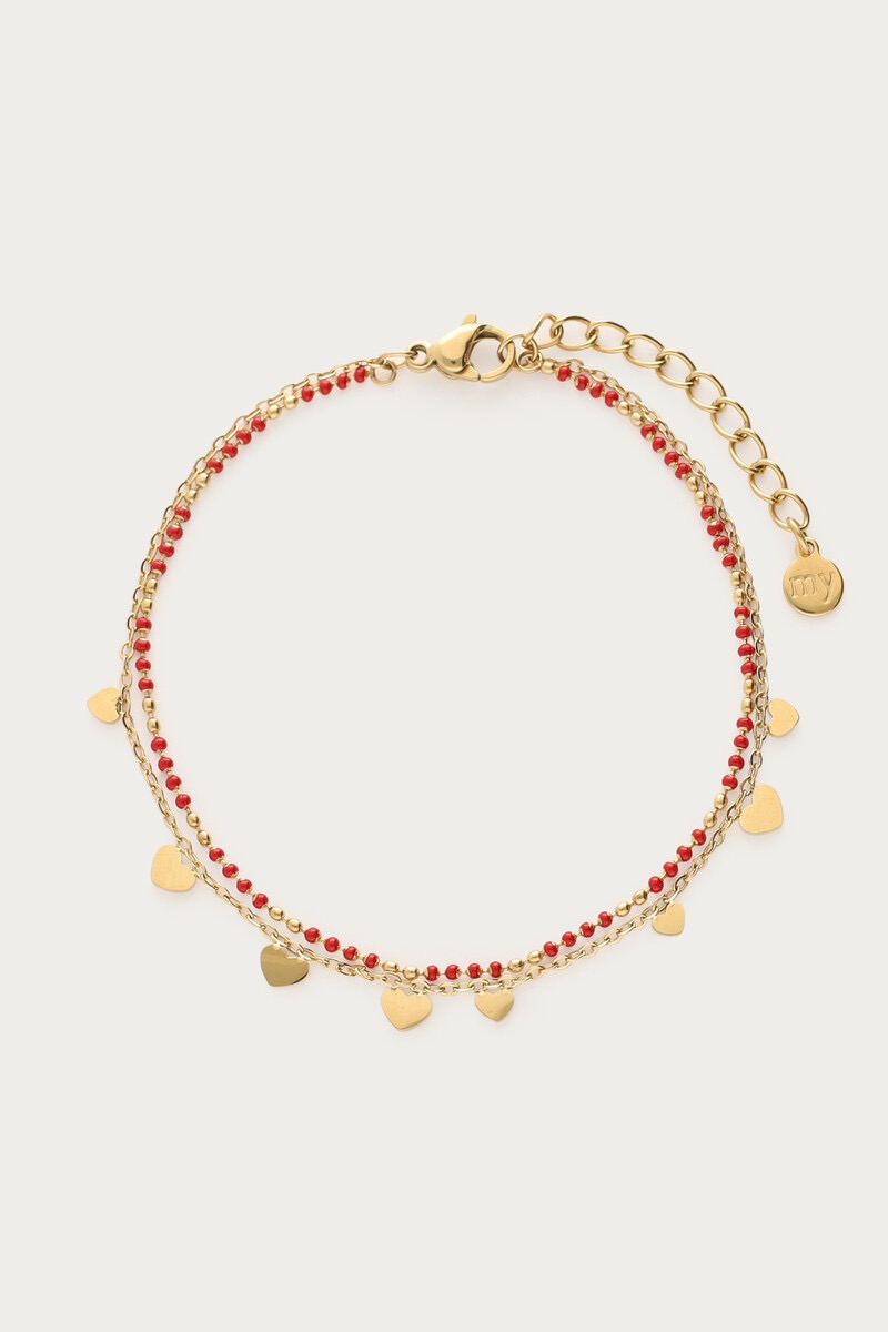 my jewellery Dubbele armband met hartjes en rode bolletjes
