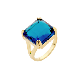 biba ring goud verstelbaar met grote steen vierkant petrol