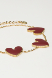 My jewellery Fijne armband met burgundy hartjes