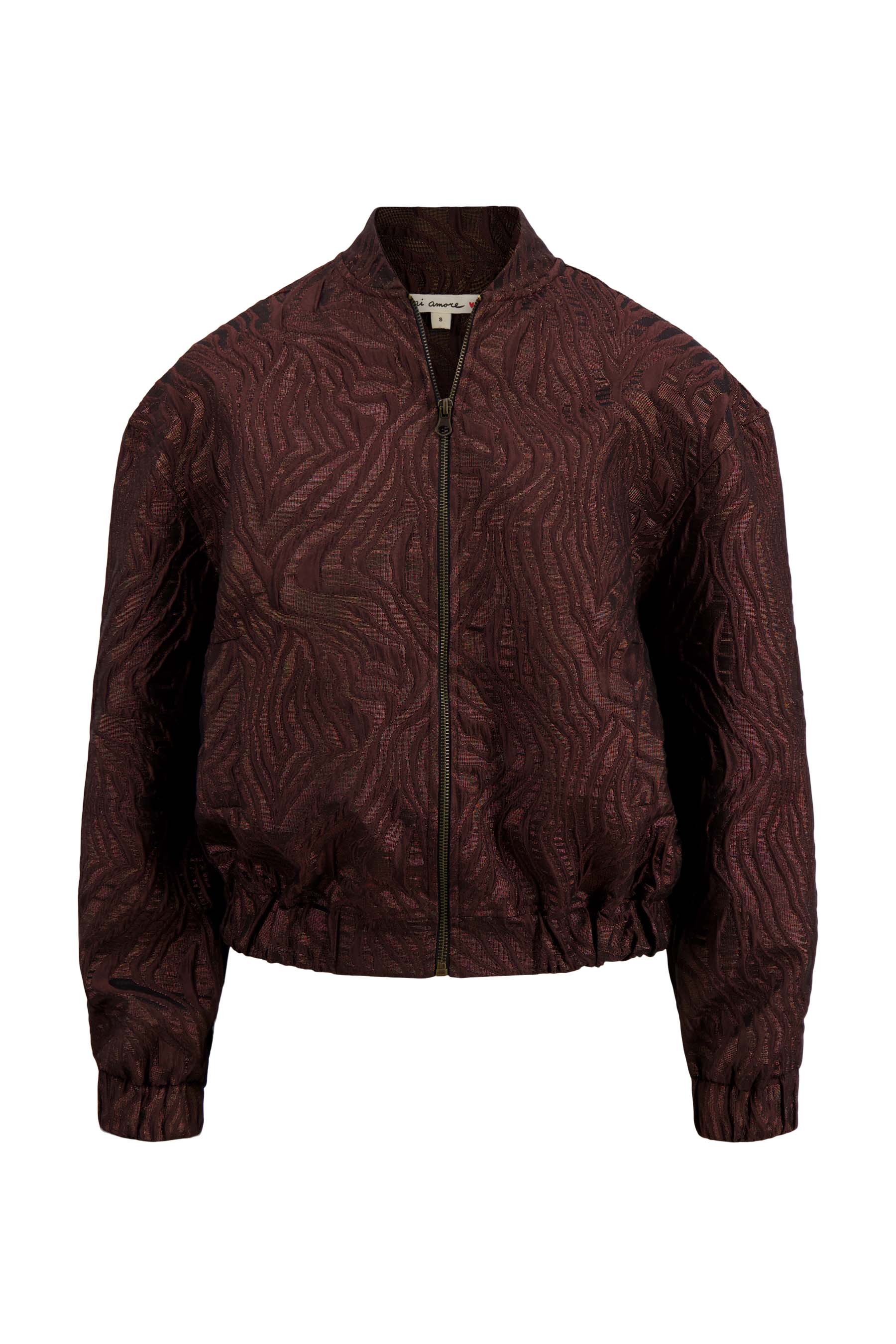 zusss bomber jasje van lurex jaquard stof chocoladebruin/goud