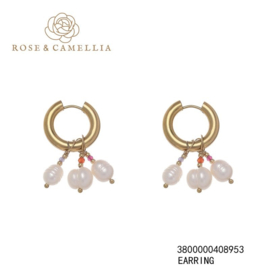 rose en camellia oorbellen 3 parels