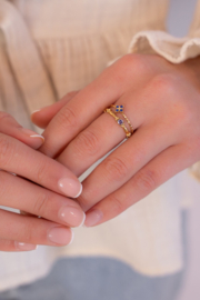 My jewellery Minimalistische ring met klavertje en blauwe strass verstelbaar