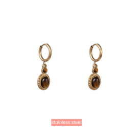Go Dutch Label oorbellen double stone drop  - 14k + tigereye