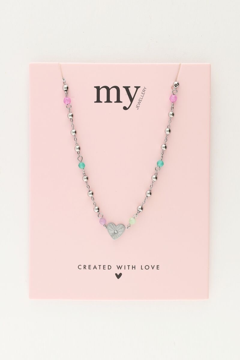 My jewellery Ketting met hart en groene kralen zilver