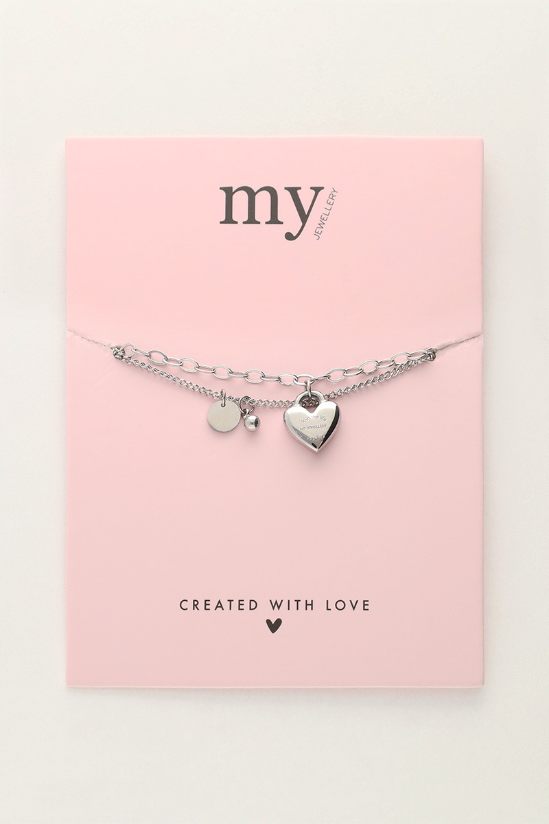 my jewellery Minimalistische dubbele armband met hartjes bedel zilver