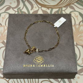 rose & camellia armband grove schakel met hart en pareltje goud