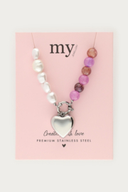 My jewellery Ketting imitatieparels & zoetwaterparels met paarse kralen zilver