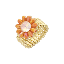 biba ring metaal en crystal kralen bloem oranje met wit