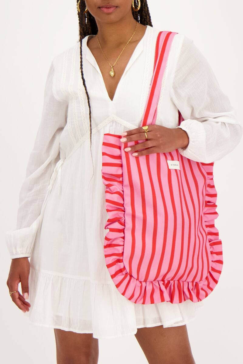 My Jewellery Roze & rood gestreepte shopper met ruffle