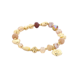 biba armband crystal met natuursteen kralen en bloemetjes bedel beige