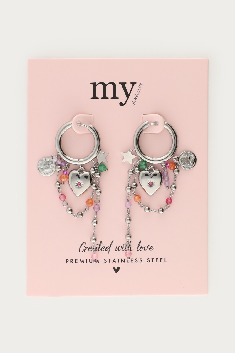 My jewellery Oorringen met hart & multikleur kralen koordjes zilver