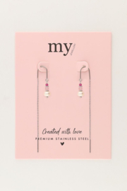 My jewellery Doortrek oorhangers met roze kralen en parel zilver