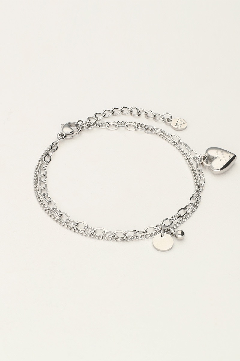 my jewellery Minimalistische dubbele armband met hartjes bedel zilver