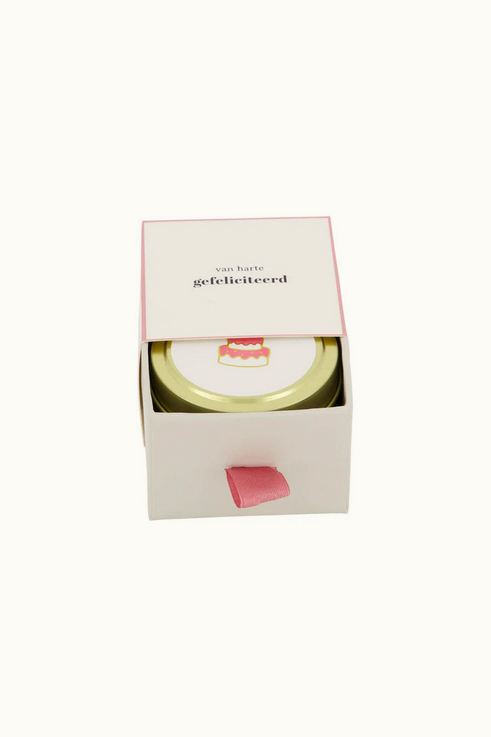 Zusss geurkaars tin in schuifdoosje gefeliciteerd taart wit/roze