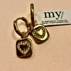 My Jewellery oorbellen | ringetje met hanger rechthoek hartje goud*