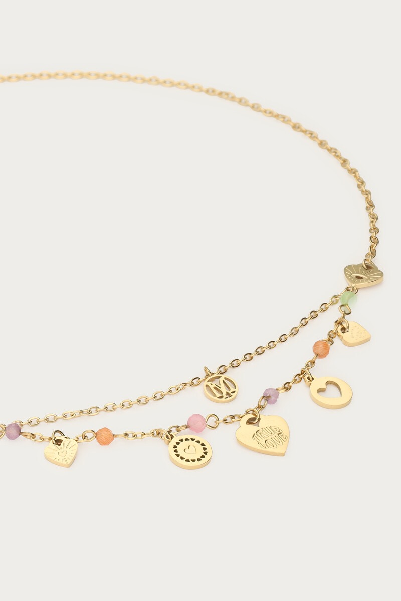 My jewellery Ketting bedels met hartjes & pastel kralen goud