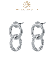 rose en camellia oorbellen cirkels strass zilver