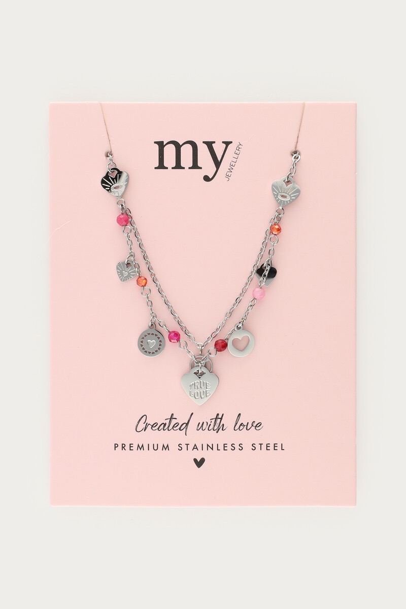 My jewellery Ketting bedels met hartjes, rode & roze kralen zilver