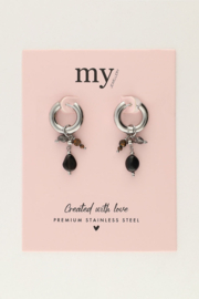 My jewellery oorbellen hoop zwarte steentjes zilver