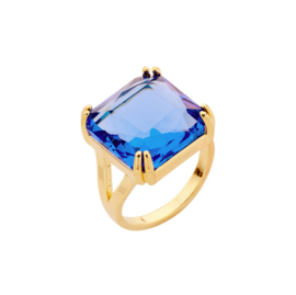 biba ring goud verstelbaar met grote steen vierkant blauw