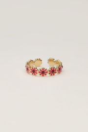 My jewellery verstelbare ring Vintage met roze & rode bloemetjes goud