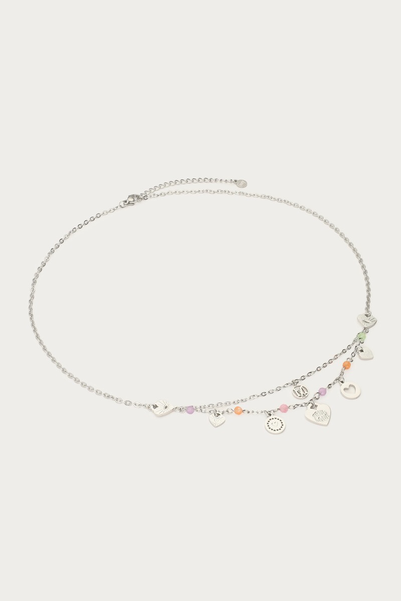 My jewellery Ketting bedels met hartjes & pastel kralen zilver