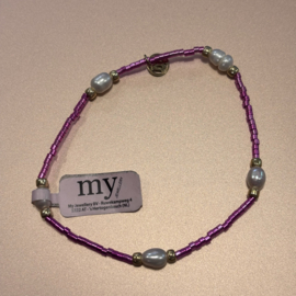 My jewellery armband elastiek met paarse kralen en waterparels