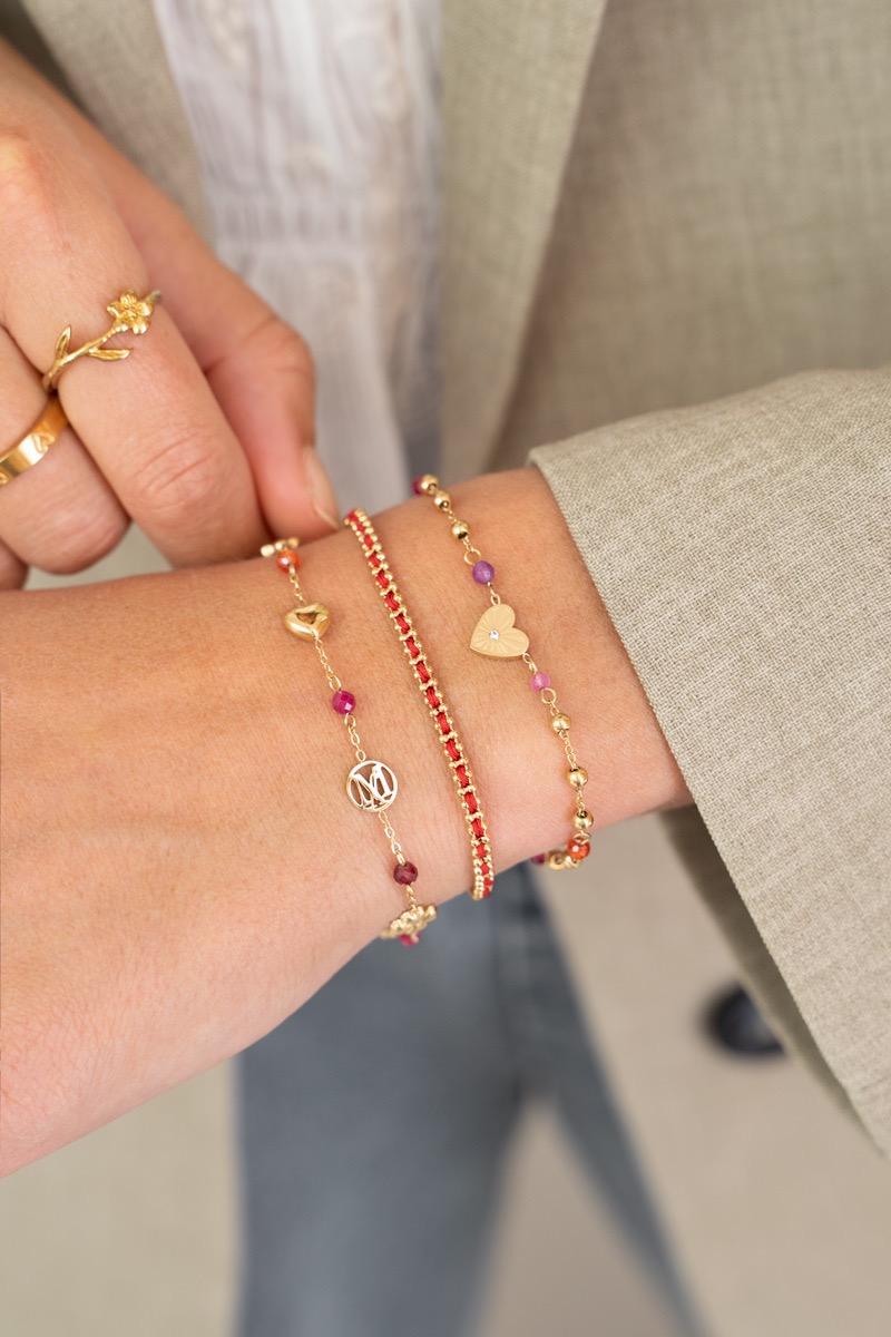 my jewellery Armband met hartjes hanger & paarse kralen goud
