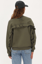 My Jewellery donkergroene sweater met ruffle en patch
