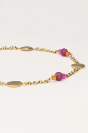 My jewellery Armband met munt en paarse kralen goud