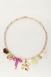 My jewellery  bedelketting met schakel en multikleur bloemen bedels goud