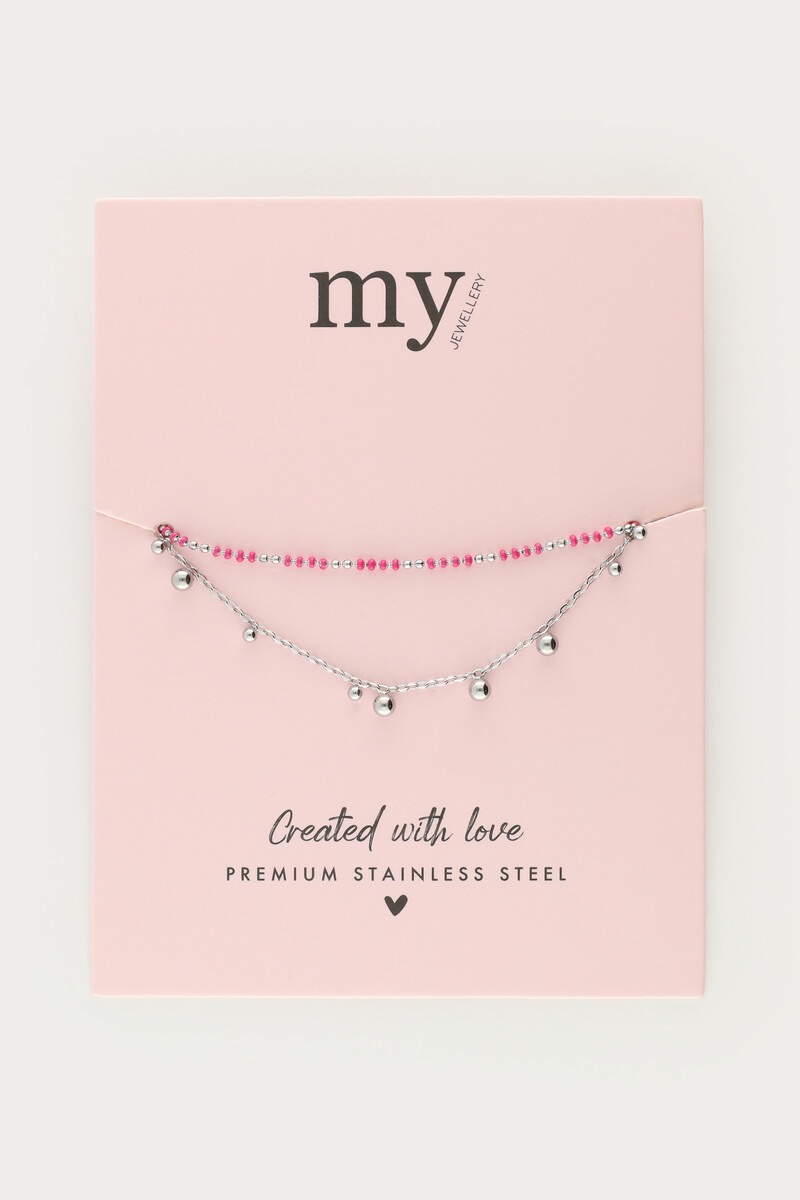 my jewellery Dubbele armband met roze kralen & bolletjes zilver
