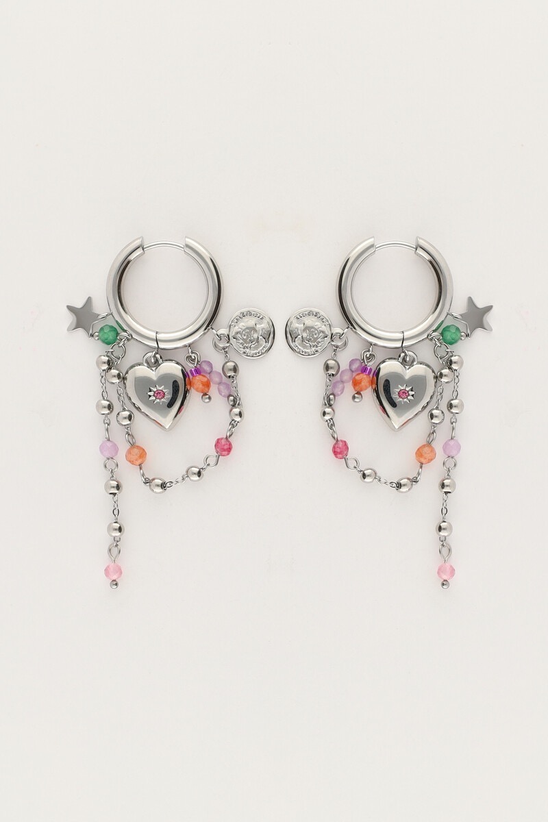 My jewellery Oorringen met hart & multikleur kralen koordjes zilver