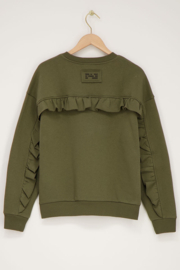 My Jewellery donkergroene sweater met ruffle en patch