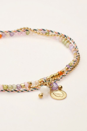 My jewellery Multikleur dubbele armband met touw en kralen goud
