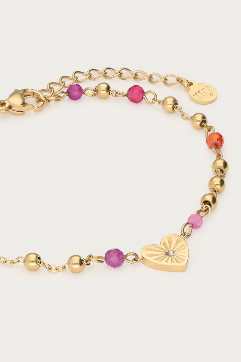 my jewellery Armband met hartjes hanger & paarse kralen goud