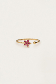 My jewellery Minimalistische ring met bloem en roze strass verstelbaar