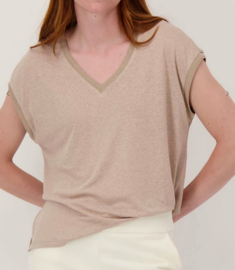 zusss V hals top met lurex boord darker sand