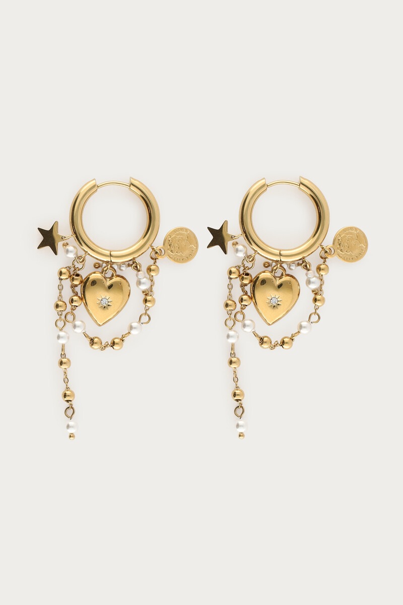 My jewellery Oorringen met hart & imitatieparel koordjes goud