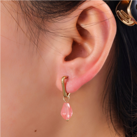 Go Dutch Label oorbellen drop stone - 14k + pink stone