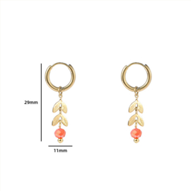 Go Dutch Label oorbellen fine leaves hoop - 14k + coral