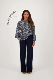 zusss boothals top met blaadjes print donkerblauw