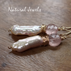 Statement oorbellen Biwa parel en Rozenkwarts