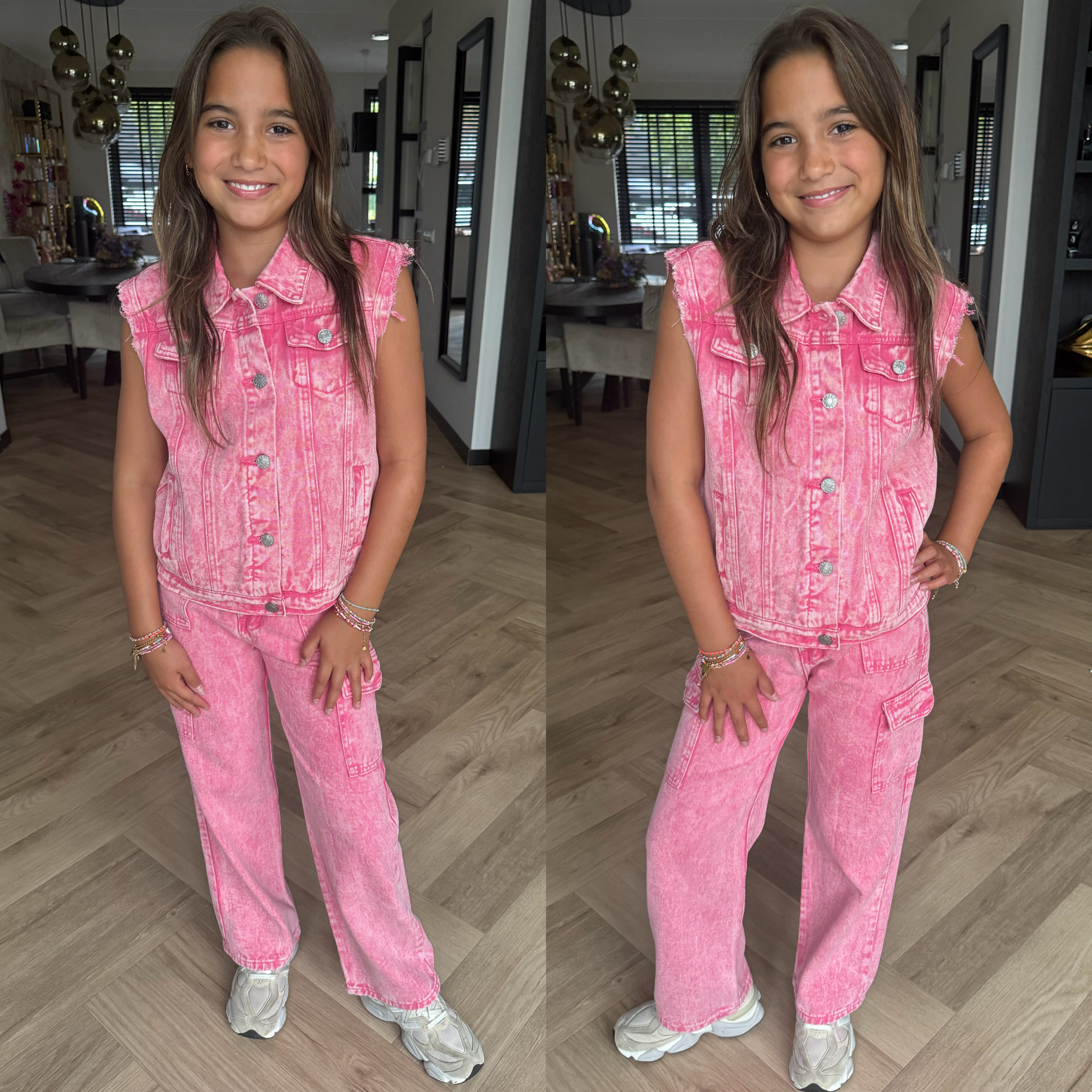 So tough denim gilet set -  roze